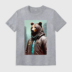 Футболка хлопковая мужская Медведь житель мегаполиса - нейросеть, цвет: меланж