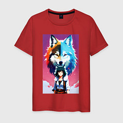 Футболка хлопковая мужская Cute girl and wolf - anime - neural network, цвет: красный