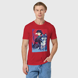 Футболка хлопковая мужская Девочка со своим другом волком - аниме, цвет: красный — фото 2