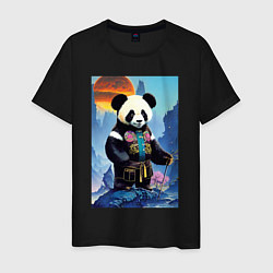 Футболка хлопковая мужская Панда на берегу озера - нейросеть, цвет: черный