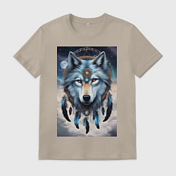 Футболка хлопковая мужская Шаман волк, цвет: миндальный