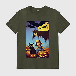 Футболка хлопковая мужская Ведьма нависла над малышкой и котом, цвет: меланж-хаки