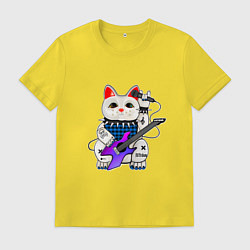 Футболка хлопковая мужская Рок кот нэко с микрофоном и гитарой, цвет: желтый