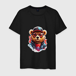 Футболка хлопковая мужская Модный медведь в кепке и в очках, цвет: черный