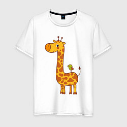 Футболка хлопковая мужская Жираф и птичка, цвет: белый