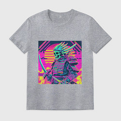 Футболка хлопковая мужская Кислотный самурай скелет в стиле retrowave, цвет: меланж