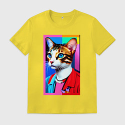 Футболка хлопковая мужская Модная кошечка - поп-арт - нейросеть, цвет: желтый