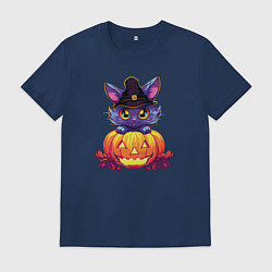 Футболка хлопковая мужская Милый котик и тыква - Хэллоуин, цвет: тёмно-синий
