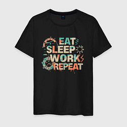 Футболка хлопковая мужская Eat sleep work repeat, цвет: черный