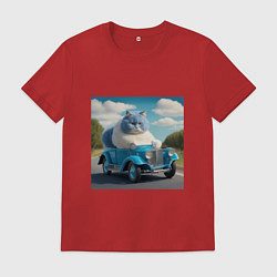 Футболка хлопковая мужская Толстый голубой котик винтажный стиль, цвет: красный