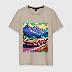 Футболка хлопковая мужская Авто на фоне гор, цвет: миндальный