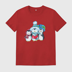 Футболка хлопковая мужская Семья пингвинов новый год, цвет: красный