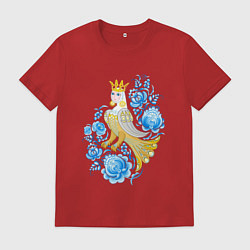 Футболка хлопковая мужская Птица Сирин в цветах по мотивам гжельской росписи, цвет: красный