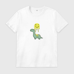 Футболка хлопковая мужская Мультяшный динозавр и стекающий смайлик, цвет: белый