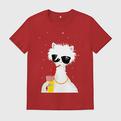 Футболка хлопковая мужская Лама - альпака с бокалом, цвет: красный