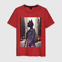 Футболка хлопковая мужская Cat fashionista - New York - ai art, цвет: красный