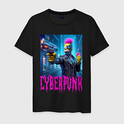 Футболка хлопковая мужская Homer Simpson with a gun and a donut - cyberpunk -, цвет: черный