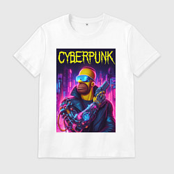 Футболка хлопковая мужская Кибер Гомер с пистолетом - нейросеть, цвет: белый