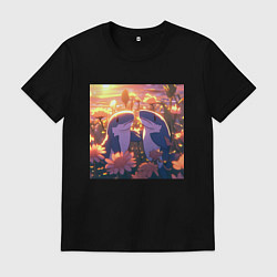 Футболка хлопковая мужская Акулы в цветах, цвет: черный