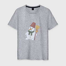 Футболка хлопковая мужская Снеговик с метлой, цвет: меланж