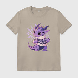 Футболка хлопковая мужская Фиолетовый дракон в свитере, цвет: миндальный
