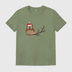Футболка хлопковая мужская Новогодняя сова на ветке, цвет: авокадо
