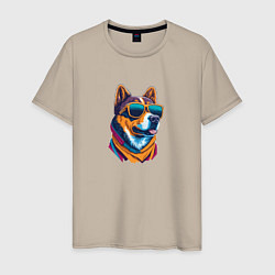 Футболка хлопковая мужская Собака в модных очках, цвет: миндальный