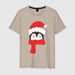 Футболка хлопковая мужская Новогодний пингвин в шапке Деда Мороза, цвет: миндальный