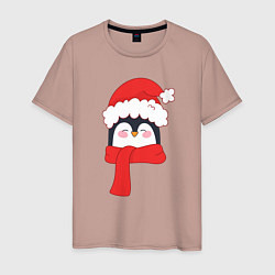 Футболка хлопковая мужская Новогодний пингвин в шапке Деда Мороза, цвет: пыльно-розовый