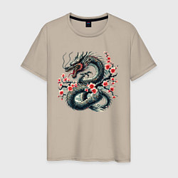 Футболка хлопковая мужская Japanese dragon and sakura - irezumi, цвет: миндальный