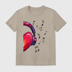 Футболка хлопковая мужская The heart in the headphones left, цвет: миндальный