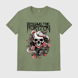 Футболка хлопковая мужская Bring Me the Horizon - A skull with roses, цвет: авокадо