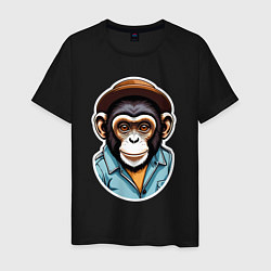 Футболка хлопковая мужская Портрет обезьяны в шляпе, цвет: черный