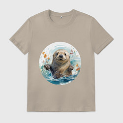 Футболка хлопковая мужская Счастливая выдра, цвет: миндальный