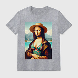 Футболка хлопковая мужская Мона Лиза в купальнике и шляпе на пляже, цвет: меланж
