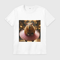 Футболка хлопковая мужская Мем капибара балерина в розовой юбке, цвет: белый