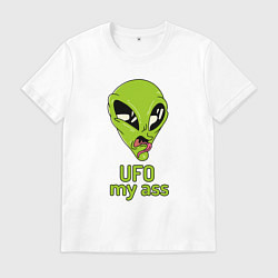 Футболка хлопковая мужская Зеленый пришелец НЛО с надписью UFO my ass, цвет: белый