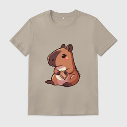 Футболка хлопковая мужская Капибара с печенькой в виде сердца, цвет: миндальный