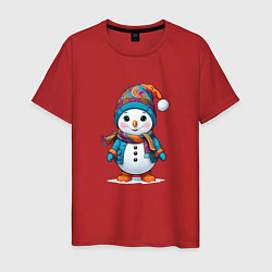 Футболка хлопковая мужская Снеговик в шапочке и с шарфом, цвет: красный