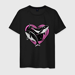 Футболка хлопковая мужская Влюбленные киты и сердце, цвет: черный