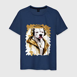 Футболка хлопковая мужская Белая собака репер в наушниках с золотой цепью, цвет: тёмно-синий