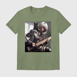 Мужская футболка Девчонка рок гитарист с чёрным котом