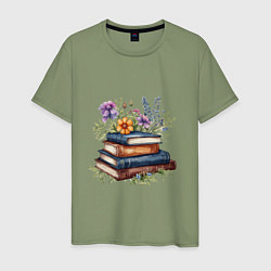 Футболка хлопковая мужская Стопка книг с полевыми цветами, цвет: авокадо