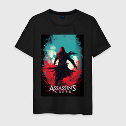 Футболка хлопковая мужская Assassins creed red blue abstract, цвет: черный
