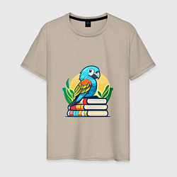 Футболка хлопковая мужская Попугай на стопке книг, цвет: миндальный