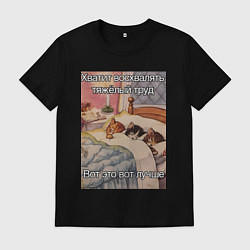Футболка хлопковая мужская Спящие котики и труд мем, цвет: черный