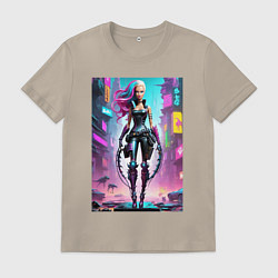 Футболка хлопковая мужская Кибер чувиха на своём районе - нейросеть, цвет: миндальный