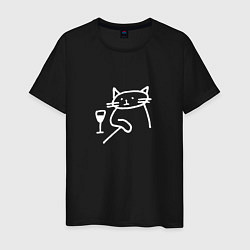 Футболка хлопковая мужская Мемный забавный кот грустит возле бокала вина, цвет: черный