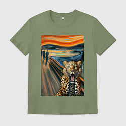 Футболка хлопковая мужская Леопард кричит - мем картина от нейросети, цвет: авокадо