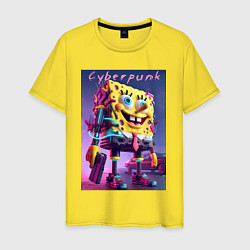 Футболка хлопковая мужская Sponge Bob with a pistol - cyberpunk ai art, цвет: желтый